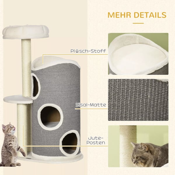 PawHut Raapimispuu 109cm Kissoille - Sisal-pylväät, Valkoinen/Harmaa