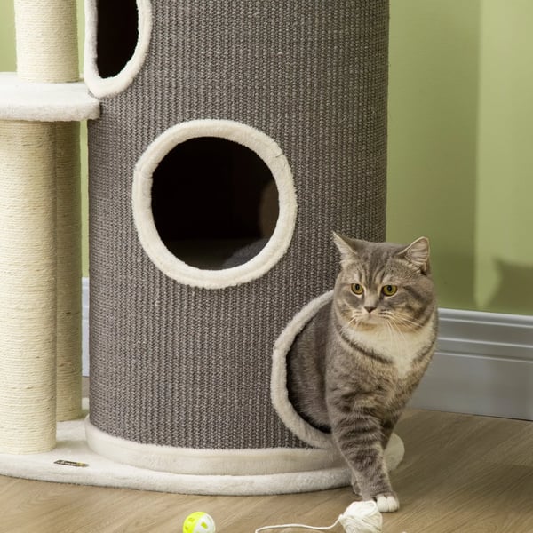 PawHut Raapimispuu 109cm Kissoille - Sisal-pylväät, Valkoinen/Harmaa