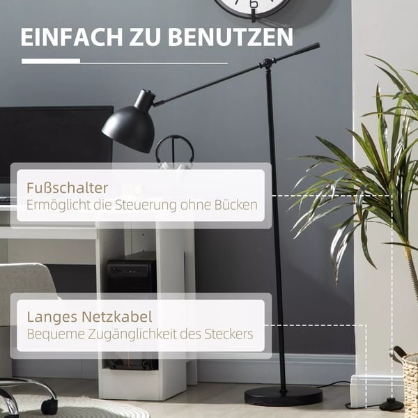 Stålampe i Sort Stål - Justerbar, Industrielt Design, Ideel til Arbejds- eller Læsebelysning - H: 131-155 cm