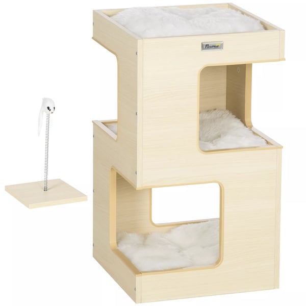PawHut Kattetræ med 3 niveauer, katteskab, pude, indendørs kattehus, kradsetræ, legetøj, eg, 34x34x60 cm PawHut Kattetræ med 3 niveauer, katteskab, pude, indendørs kattehus, kradsetræ, legetøj, eg, 34x34x60 cm