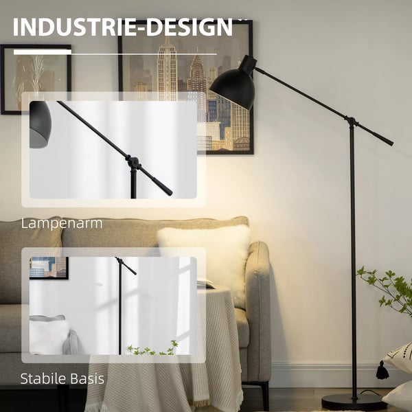 Stålampe i Sort Stål - Justerbar, Industrielt Design, Ideel til Arbejds- eller Læsebelysning - H: 131-155 cm