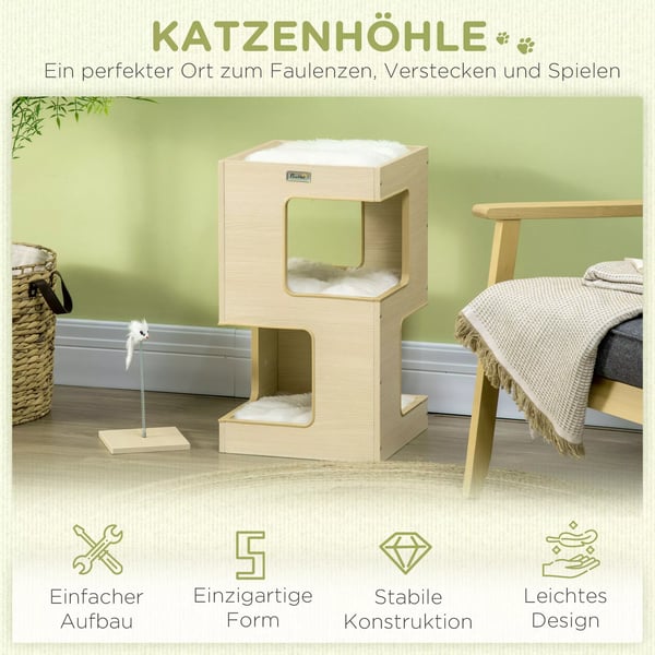 PawHut Kattetræ med 3 niveauer, katteskab, pude, indendørs kattehus, kradsetræ, legetøj, eg, 34x34x60 cm