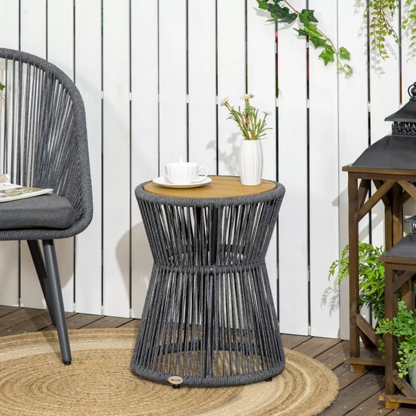 Outsunny havebord bistrobord sofabord med plastbordplade og justerbare fødder, til terrasse, mørkegrå+natur