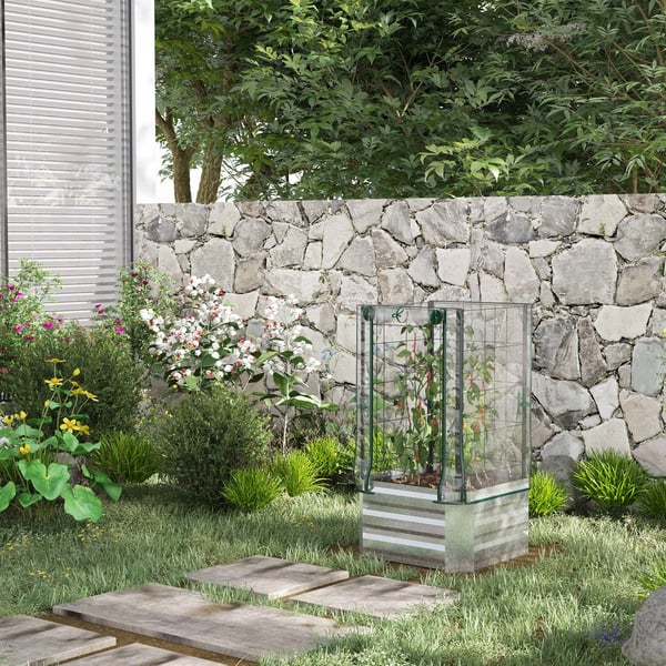 Outsunny Højbed med Drivhus & Espalier - Stål/PVC, Sølv/Grøn, 53x53x90cm