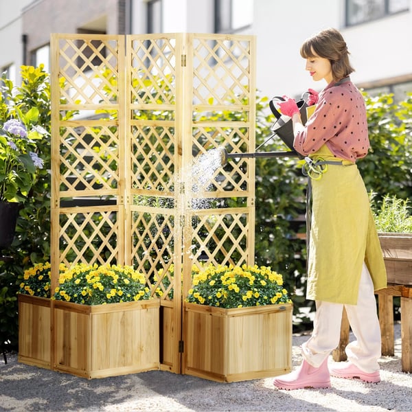 Outsunny Lhjbed med foldbar espalier, plantekasse med privatlivsskrm, 133 x 165 cm rumdeler med 4 blomsterkasser, Naturtr i grantr