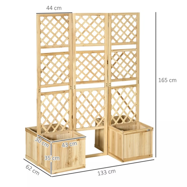Outsunny Lhjbed med foldbar espalier, plantekasse med privatlivsskrm, 133 x 165 cm rumdeler med 4 blomsterkasser, Naturtr i grantr
