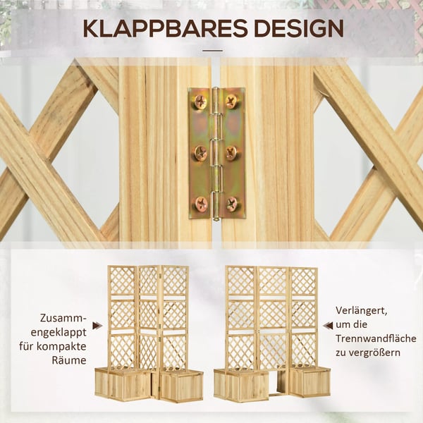 Outsunny Lhjbed med foldbar espalier, plantekasse med privatlivsskrm, 133 x 165 cm rumdeler med 4 blomsterkasser, Naturtr i grantr