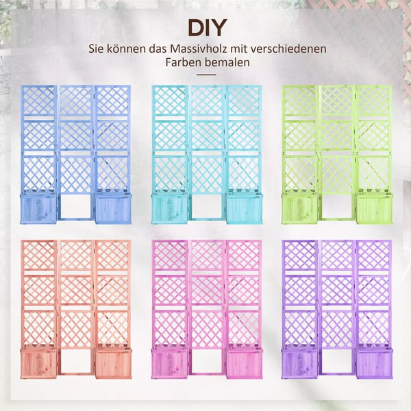 Outsunny Lhjbed med foldbar espalier, plantekasse med privatlivsskrm, 133 x 165 cm rumdeler med 4 blomsterkasser, Naturtr i grantr