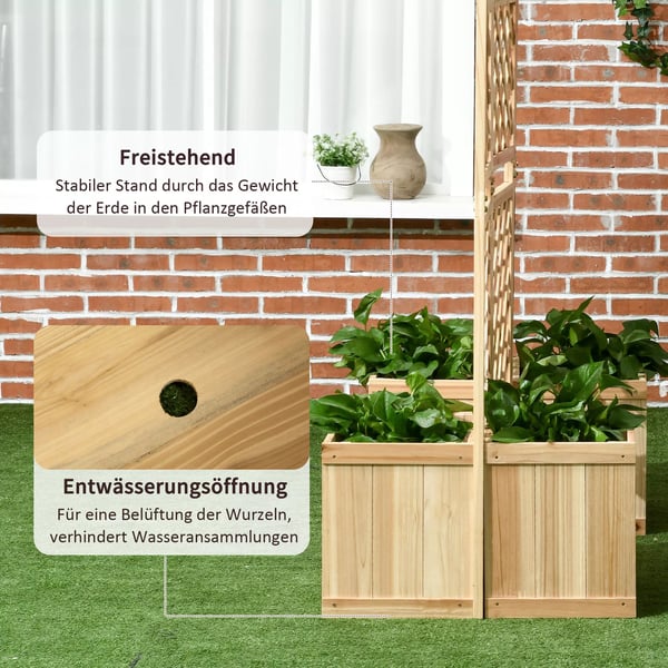 Outsunny Lhjbed med foldbar espalier, plantekasse med privatlivsskrm, 133 x 165 cm rumdeler med 4 blomsterkasser, Naturtr i grantr