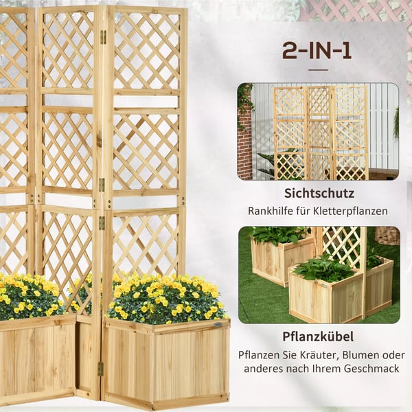 Outsunny Lhjbed med foldbar espalier, plantekasse med privatlivsskrm, 133 x 165 cm rumdeler med 4 blomsterkasser, Naturtr i grantr