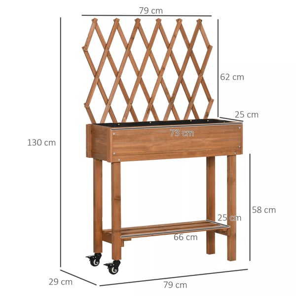 Outsunny højbed med espalier, plantekasse på hjul & hylde, massivt træ, til terrasse, brun, 79x29x130cm