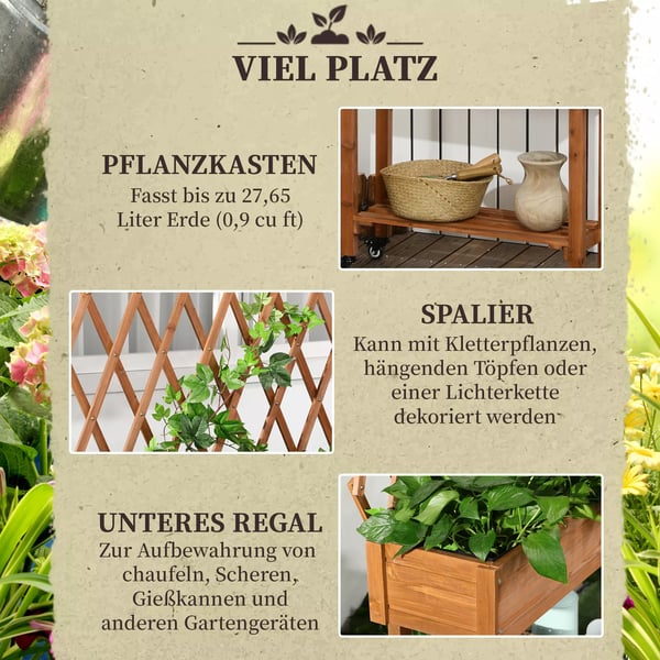 Outsunny højbed med espalier, plantekasse på hjul & hylde, massivt træ, til terrasse, brun, 79x29x130cm