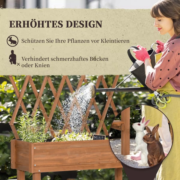 Outsunny højbed med espalier, plantekasse på hjul & hylde, massivt træ, til terrasse, brun, 79x29x130cm