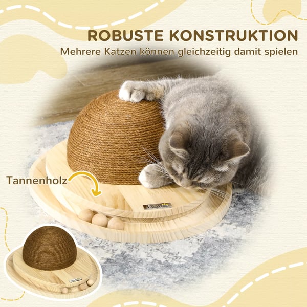 PawHut Interaktiv Kattleksak 2-i-1 med Klösyta och Bollbana, Jute, Furu, Natur+Kaffe, 39,5x32,5x14,5 cm