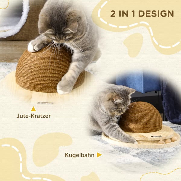 PawHut Interaktiv Kattleksak 2-i-1 med Klösyta och Bollbana, Jute, Furu, Natur+Kaffe, 39,5x32,5x14,5 cm