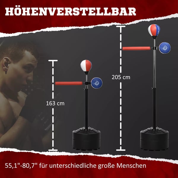 SPORTNOW boksetårn - Højdejusterbar boksetræner i stål med pude og reflekspind, sort/rød/blå