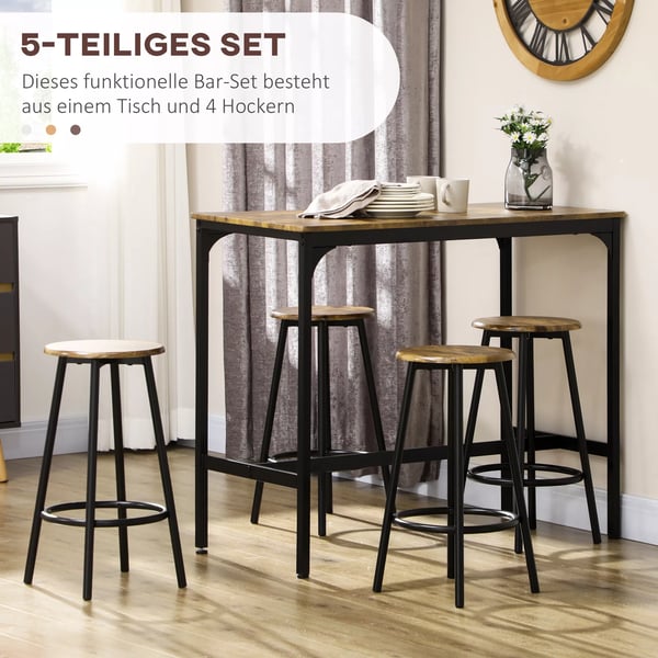 HOMCOM Barbordssæt m. 4 Barstole - 5 Dele, Køkkenbord, Metal/MDF, Rustikbrun Industrielt Design