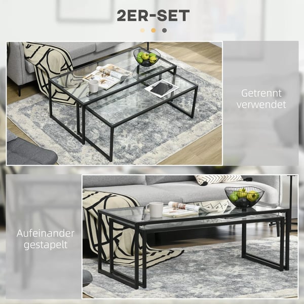 HOMCOM Sofaborde 2 stk. Sidebord, Glasbord m. Sorte Stålben, 119 x 56 x 44,5 cm