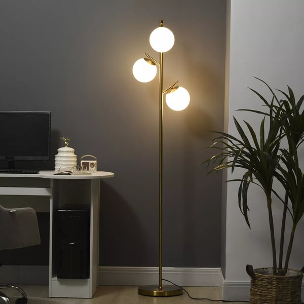 HOMCOM gulvlampe, 40W standerlampe med E27 fatning & 3 glasskærme, til stuen, 169 cm højde