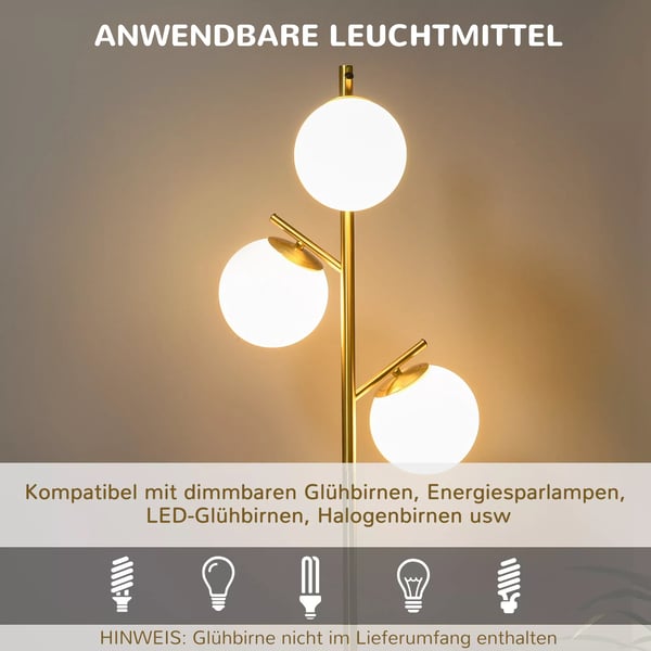 HOMCOM gulvlampe, 40W standerlampe med E27 fatning & 3 glasskærme, til stuen, 169 cm højde