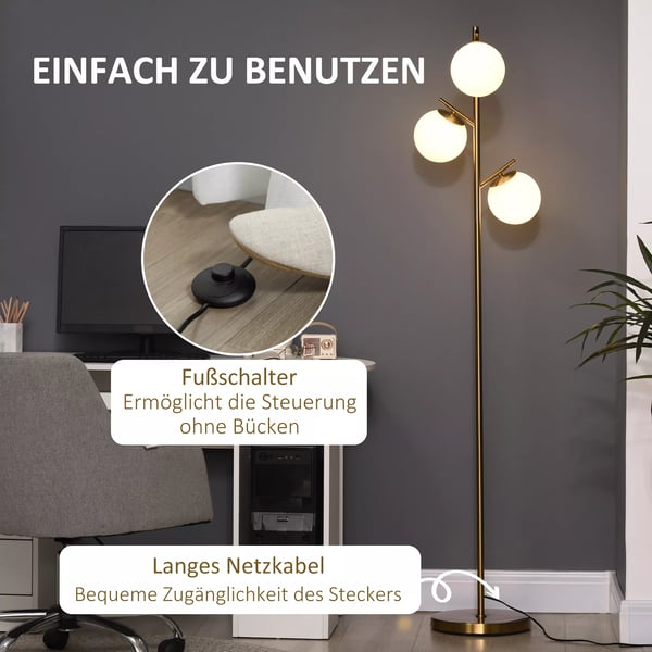 HOMCOM gulvlampe, 40W standerlampe med E27 fatning & 3 glasskærme, til stuen, 169 cm højde