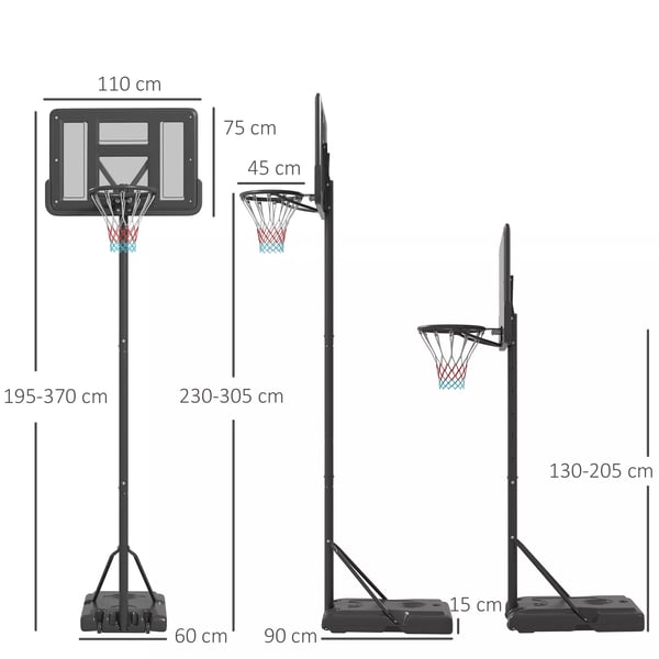 SPORTNOW Sort Justerbar Basketballstativ 195-370 cm med Metalramme, Velegnet til Udendørs Brug med Hjul og Stabil Fyldbar Base