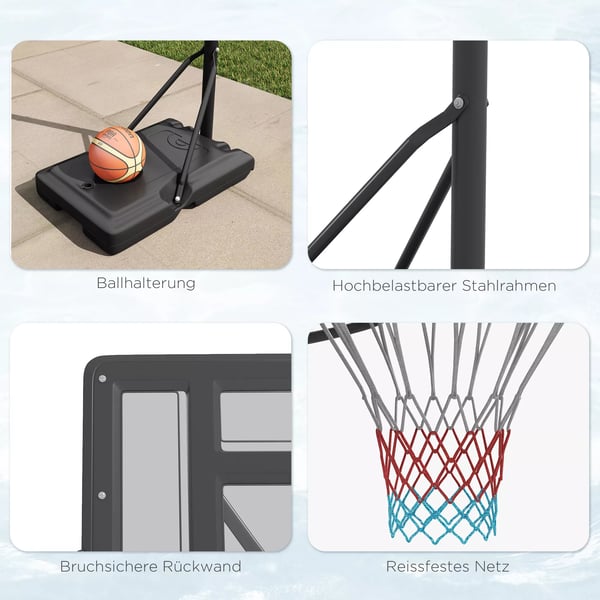 SPORTNOW Sort Justerbar Basketballstativ 195-370 cm med Metalramme, Velegnet til Udendørs Brug med Hjul og Stabil Fyldbar Base