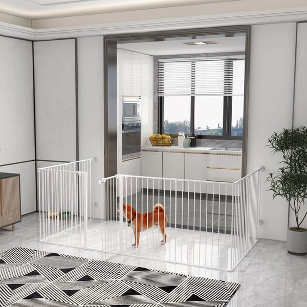 PawHut Løbegård til hunde, Foldbar, 8 paneler, 90 cm, Hvid, Stål/Plast