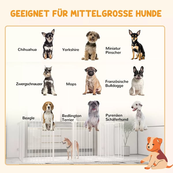 PawHut Løbegård til hunde, Foldbar, 8 paneler, 90 cm, Hvid, Stål/Plast