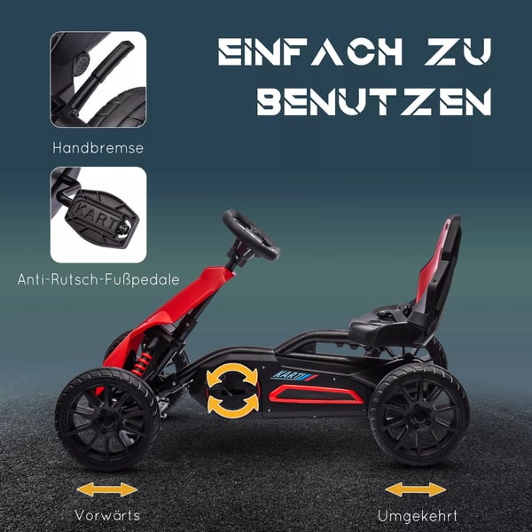 HOMCOM Gokart til børn, rød pedalbil med justerbart sæde og håndbremse, legetøjskøretøj til børn fra 3-8 år, lavet af plast og metal, 100x58x58.5 cm