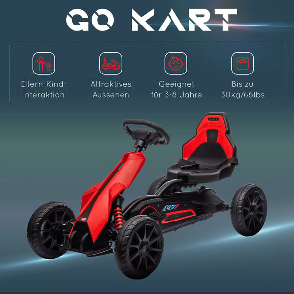 HOMCOM Gokart til børn, rød pedalbil med justerbart sæde og håndbremse, legetøjskøretøj til børn fra 3-8 år, lavet af plast og metal, 100x58x58.5 cm