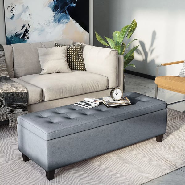 HOMCOM Opbevaringsbænk med Låg, Polstret Siddebænk, Linnedlook, Grå Polyester, 125x49x41.5 cm