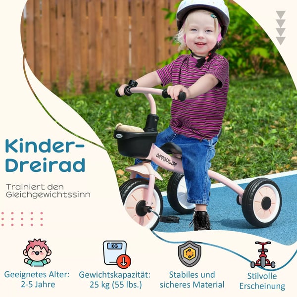 AIYAPLAY Lyserød Trehjulede Børnecykel - Metal/EVA/Plast/Polyethylen - Justerbart Sæde, Kurv & Klokke - 2-5 År