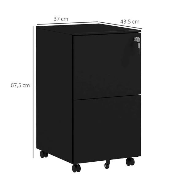 Vinsetto Låsbar Arkivskab med 2 Skuffer, Rulbar Kontorcontainer i Stål - Sort, 37x43,5x67,5cm