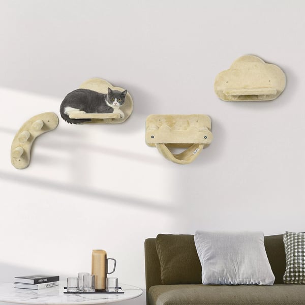 PawHut Vægmonteret Klatrestativ til Katte - 4-delt Sæt med Hængekøje, Stige, Platforme i Beige Sisal & Plys - Op til 5 kg