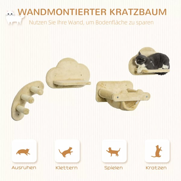 PawHut Vægmonteret Klatrestativ til Katte - 4-delt Sæt med Hængekøje, Stige, Platforme i Beige Sisal & Plys - Op til 5 kg
