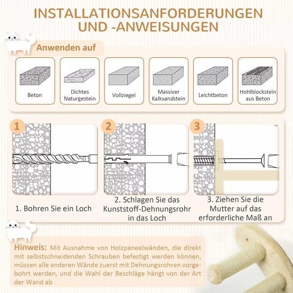 PawHut Vægmonteret Klatrestativ til Katte - 4-delt Sæt med Hængekøje, Stige, Platforme i Beige Sisal & Plys - Op til 5 kg