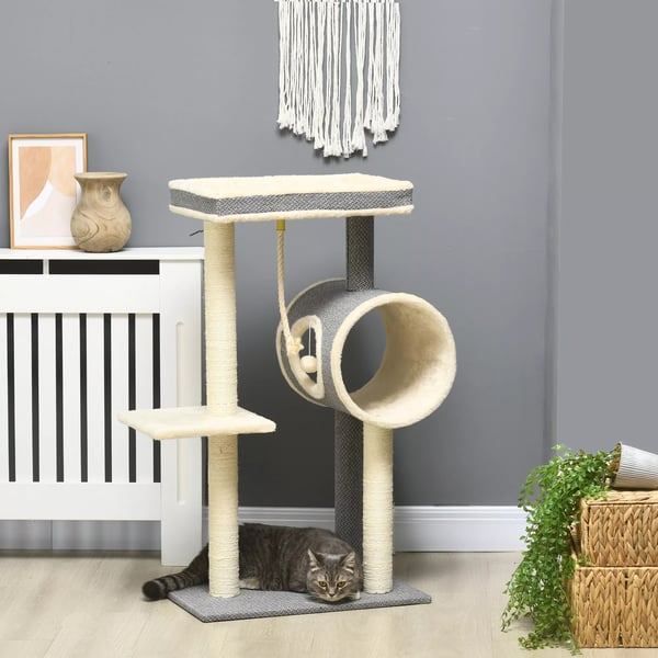 kradsetræ 104 cm med legetøjsbold og 2 liggeflader Katte-træ til katte op til 5 kg, Sisal, Grå