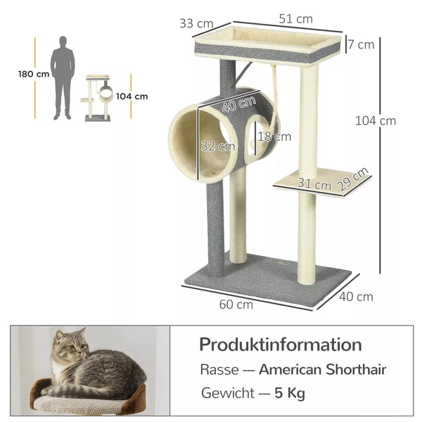 kradsetræ 104 cm med legetøjsbold og 2 liggeflader Katte-træ til katte op til 5 kg, Sisal, Grå
