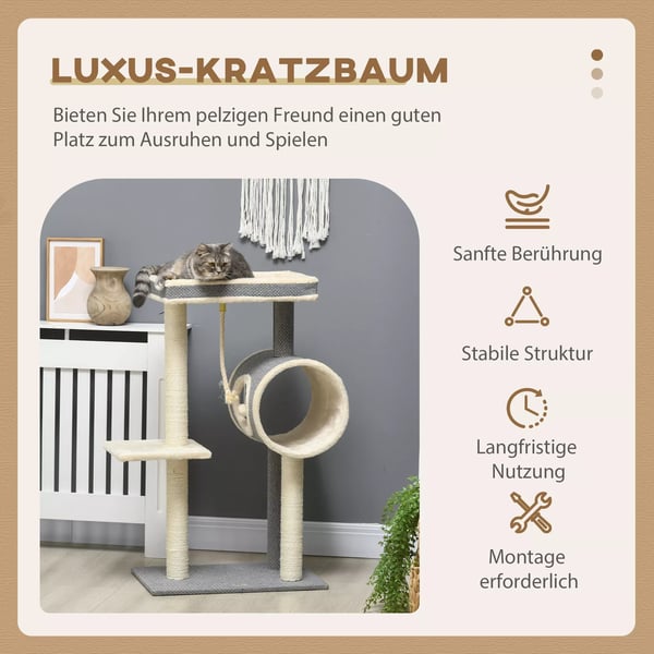 kradsetræ 104 cm med legetøjsbold og 2 liggeflader Katte-træ til katte op til 5 kg, Sisal, Grå