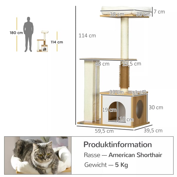 PawHut kradsetræ 114cm kradsemøbel i flere etager med kattehule & kradsesøjle, til katte op til 5kg, eg