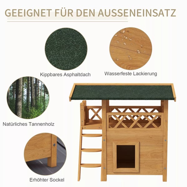 PawHut Kattehus 2-etagers med altan, fyrretræ, natur/grøn, 77x50x73cm