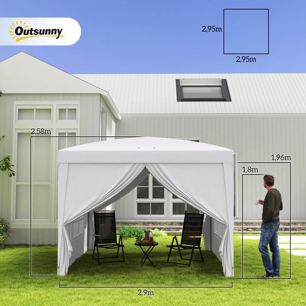 3x3m pavillon med 4 sidevægge & vinduer, UV-beskyttelse, inkl. bæretaske, stål, oxford-stof, hvid
