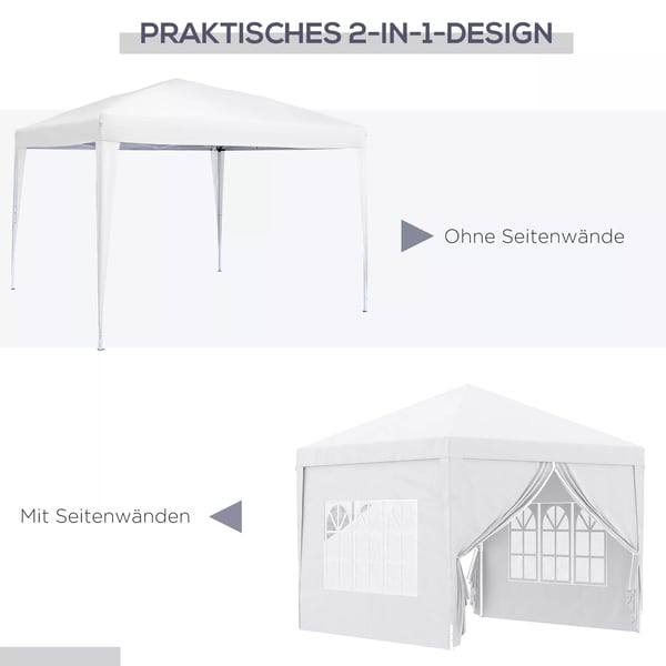 3x3m pavillon med 4 sidevægge & vinduer, UV-beskyttelse, inkl. bæretaske, stål, oxford-stof, hvid