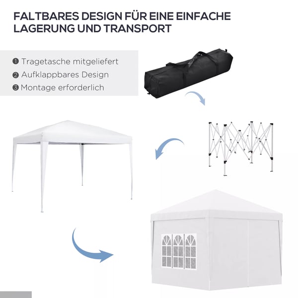 3x3m pavillon med 4 sidevægge & vinduer, UV-beskyttelse, inkl. bæretaske, stål, oxford-stof, hvid