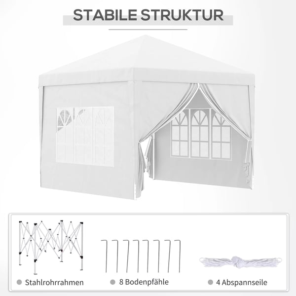 3x3m pavillon med 4 sidevægge & vinduer, UV-beskyttelse, inkl. bæretaske, stål, oxford-stof, hvid