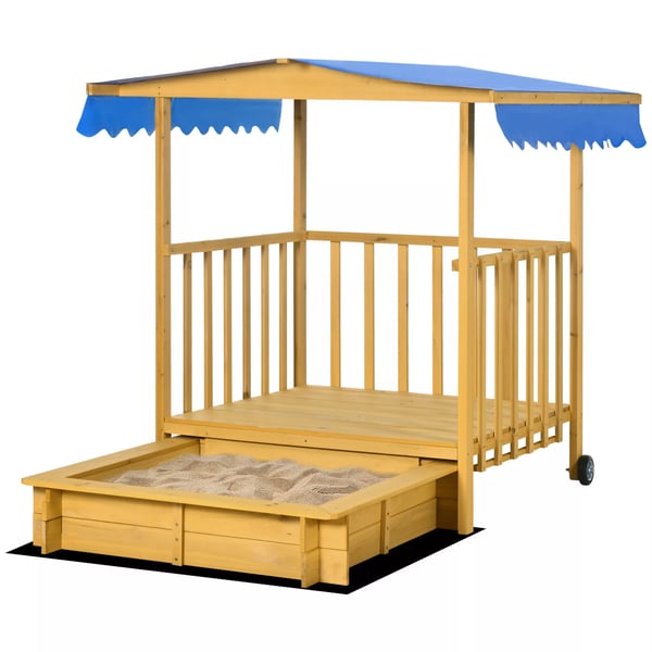 Outsunny sandlåda med tak, sandlåda i trä med lekhus, hjul, för 3-8 år, 133x129x137,5 cm, trädgård, natur