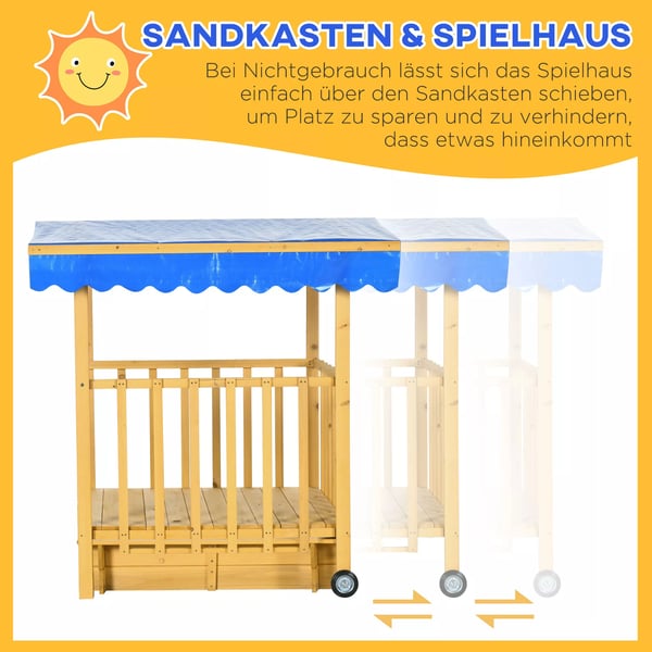 Outsunny sandkasse med tag, træ-sandkasse med legehus, hjul, til 3-8 år, 133x129x137,5 cm, have, natur