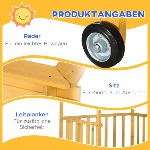 Outsunny sandkasse med tag, træ-sandkasse med legehus, hjul, til 3-8 år, 133x129x137,5 cm, have, natur