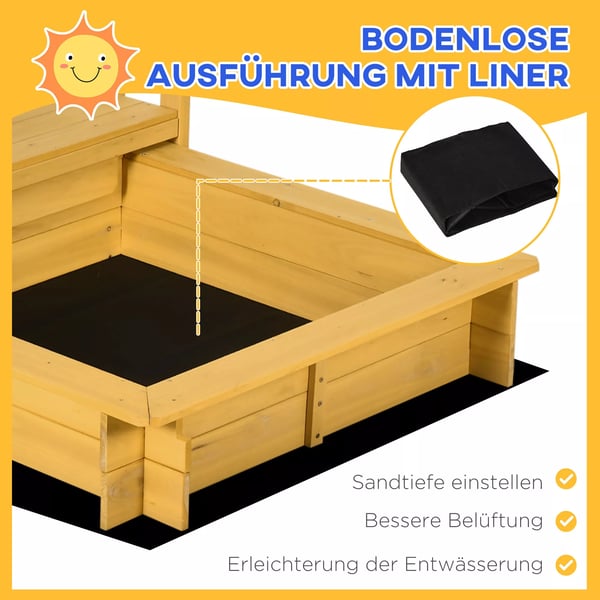 Outsunny sandkasse med tag, træ-sandkasse med legehus, hjul, til 3-8 år, 133x129x137,5 cm, have, natur